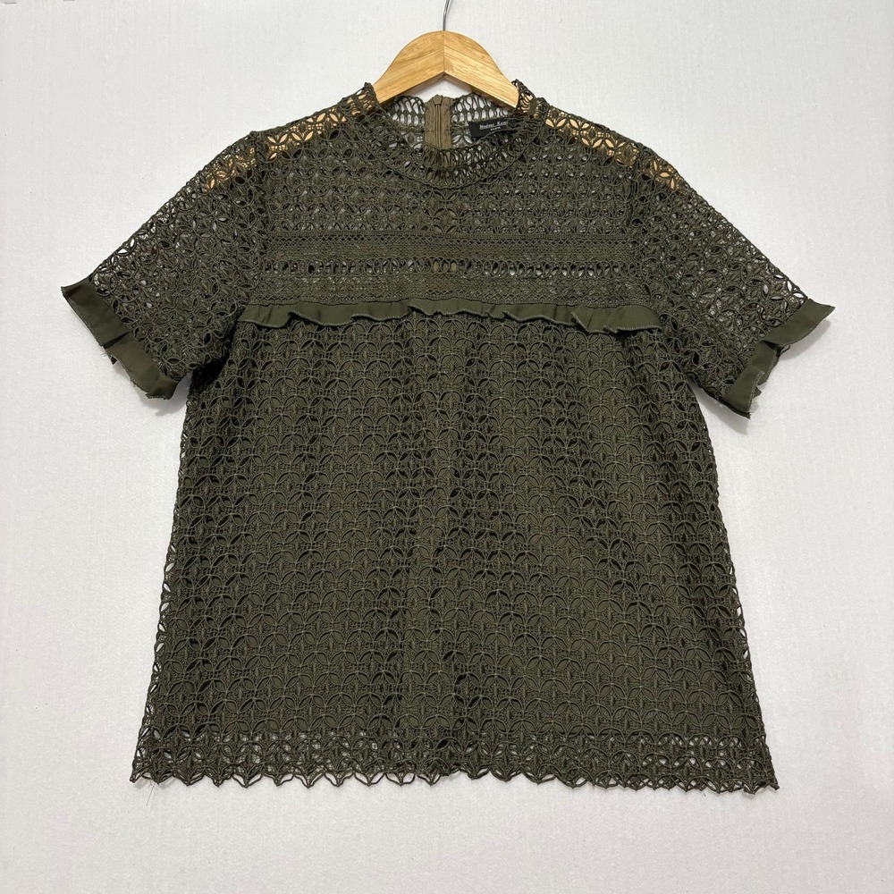 Noemi Kent Paris Olive Green Crochet Lace Ruffle Blouse Mock Neck Size L